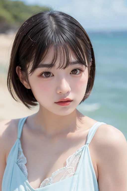 Highest quality, (beautiful)、Micro Bikini、Close-up、Larger breasts、Brown Hair、looking at the camera、Selfie、Beach、Kissing Face
