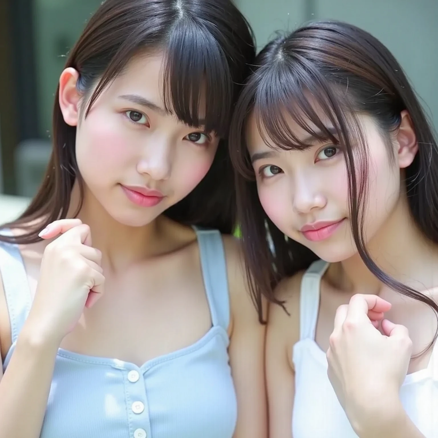 8K、Top image quality、​masterpiece、夏天、Japan high school girl meets friends on her way to school。Involuntarily kissed me on the cheek with pleasure、She winked、