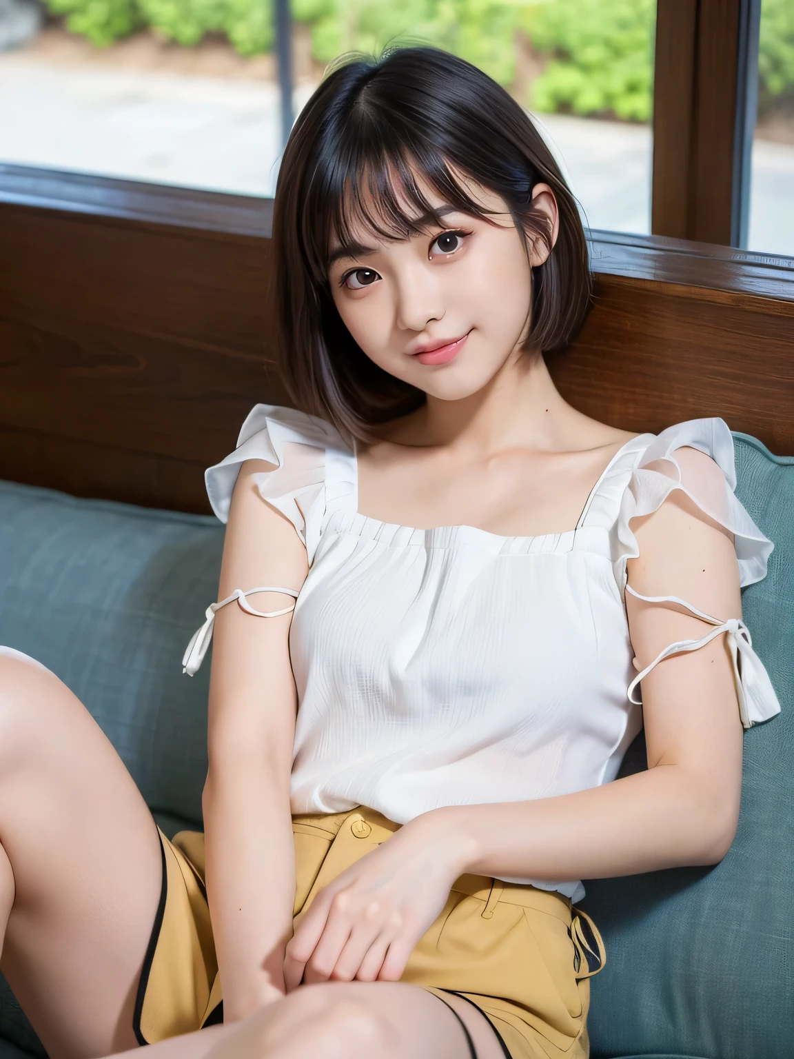 Best image quality、highest quality、masterpiece、Ultra-high resolution、8k、immature、Realistic:1.4、Professional Lighting、Cute school girl、Baby Face、Very short hair、thin、Moderate size chest cup bust、smile、Me in a tight white tank top、Wearing denim pants、sitting on a white sofa in the living room