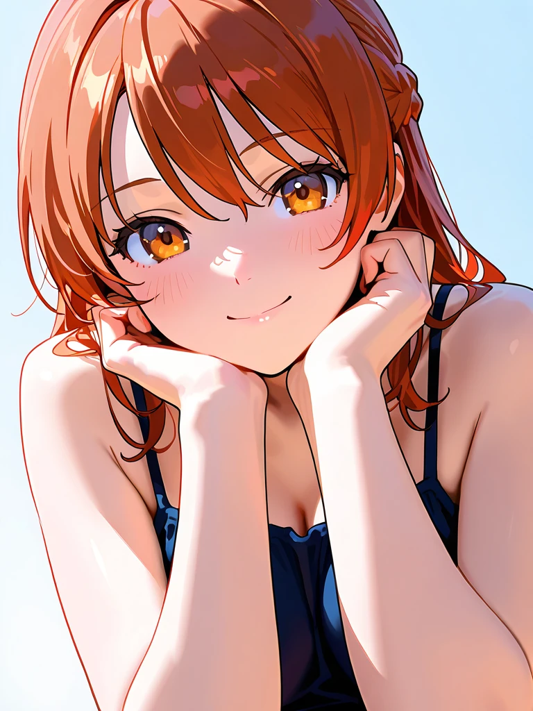 6 year old girl, orange hair, shoulder length ponytail, pink clip, dark blue eyes, bikini