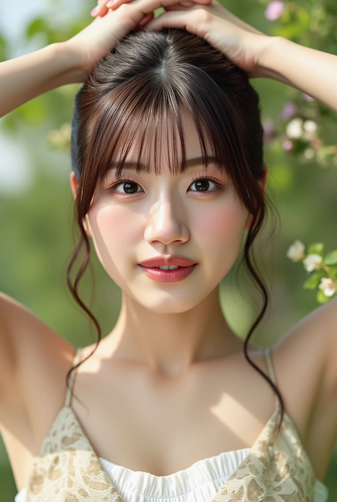 Best quality, masterpiece, ultra high res, (photorealistic:1.4), raw photo, 1girl, white dress, off shoulder, blossom flower field, glowing skin, light smile