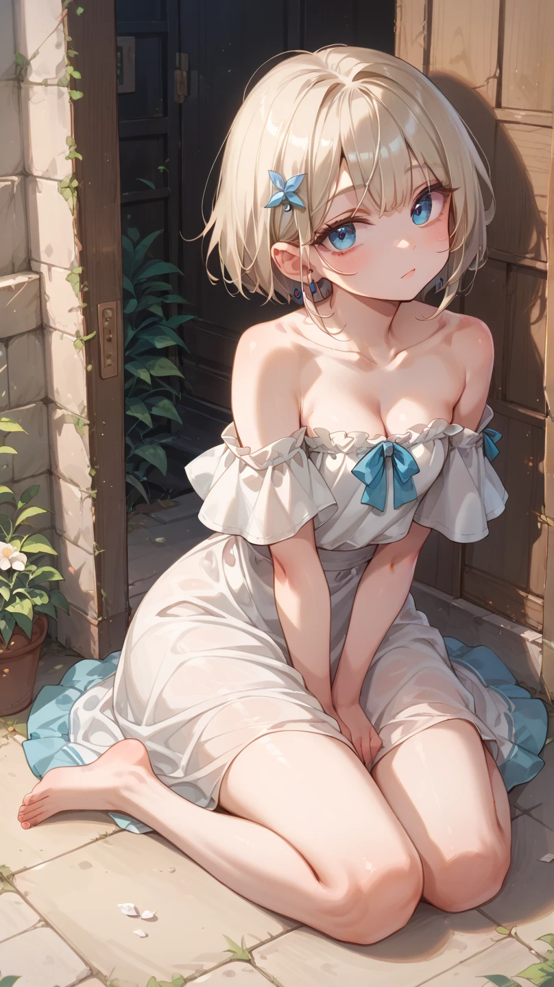 Small breasts、Blonde short、Red eyes、Peeing,sundress,show off nipple,see through,kneeling,Masturbation