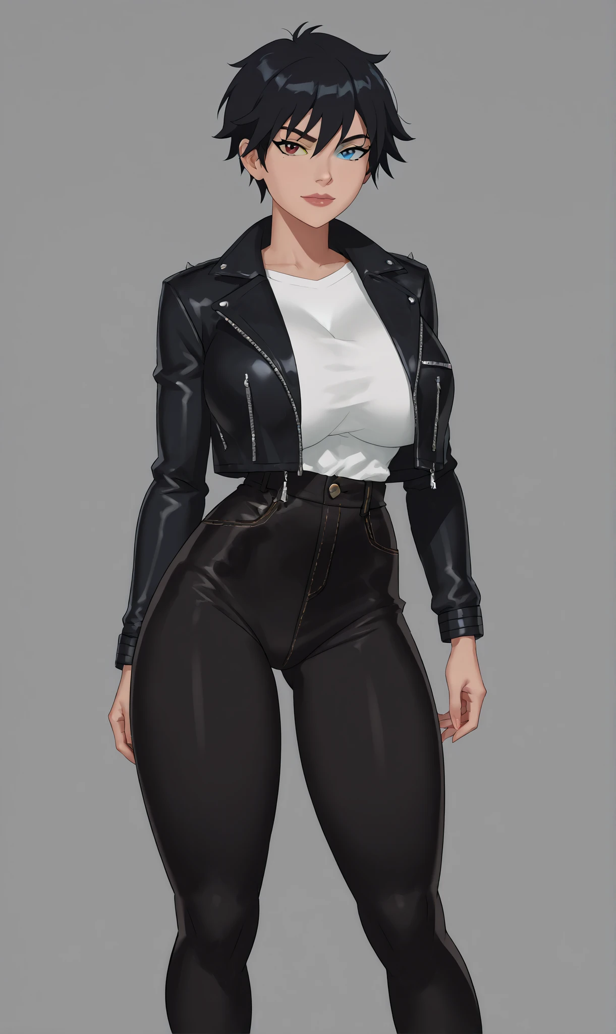 PonyXLV6_Scores BREAK (((parody style, parody:1.2)), perfect , Expressiveh) score_9, score_8_up, score_7_up, score_6_up, SunsetRiders7 art style, western,score_5_up, score_4_up, {{masterpiece, ultra-high quality, professionally detailed, professionally shaded}} single person, 1woman,Heterochromia, red eye, blue eye, short hair, black hair, absolutely , absolutely thick thighs, absolutely wide , slim waist, tomboy,adult woman, mature woman, 25-year-old woman, , motorcycle jacket, black jacket, black pants, white shirt,