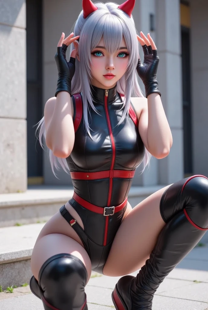 symmetrical,High detail RAW color photo professional close photograph, [:(highly detail face: 1.2):0.1], (PureErosFace_V1:0.6), pore, real human skin, a portrait of an 18yo woman in a street <lora:koreanDollLikenesss_v10:0.3>,detailed tokyo street,outdoor,cityscape, huge breasts, show pussy with semen, animal ear headphones, animal ears, V sign, bangs, blush, bodysuit, breasts, bunny pose, clothes writing, covered navel, cowboy shot, cropped jacket, fake animal ears, gloves, hair intakes, headphones, impossible bodysuit, impossible clothes, jacket, large breasts, latex, latex bodysuit, long hair, long sleeves, looking at viewer, medium breasts, multicolored gloves, open mouth, pink bodysuit, pink eyes, red eyes, red jacket, shiny clothes, shrug \(clothing\), sidelocks, complex background, skin tight, smile, solo, thigh gap, thighs, twintails, very long hair, white gloves, white hair,alice \(nikke\),(masterpiece:1.4),(best quality:1.4),(shiny skin),realistic,