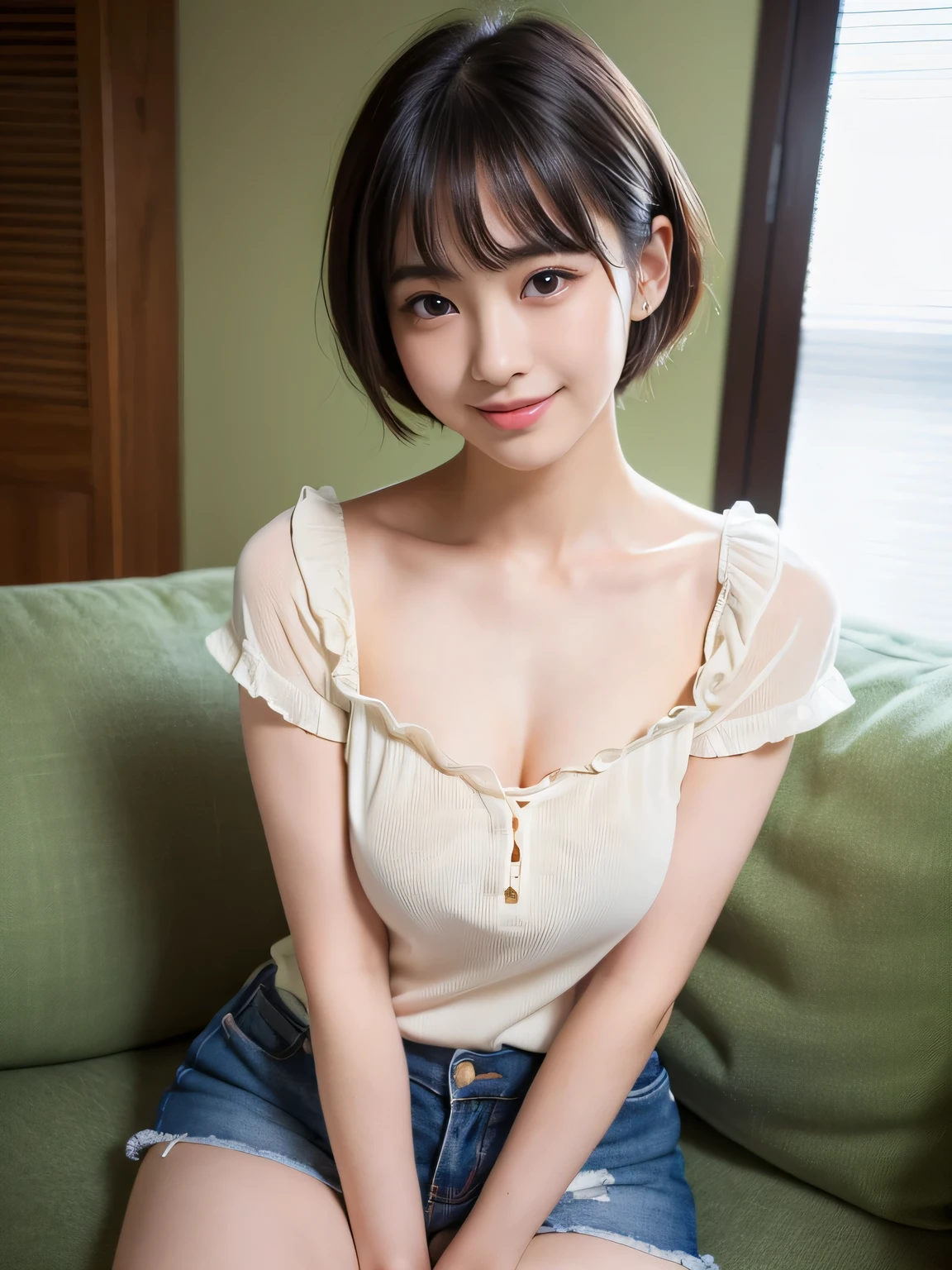 highest quality, masterpiece, ultra high resolution, (realistic:1.4), 20-year-old,2 girls,super high quality,8K,Thin waist,Thin legs,thin and beautiful arms,beautiful fingers,((Super realistic image quality)),sale eye makeup,thin,Medium chest,soft chest,(((Fabric thin short tightTshirt and pants only))),The shirt is short、 ,,beautiful breasts,((straight hair to shoulders)),((Bangs short hair)),realistic,picture media chest)),((toothy smile)),((big smile))
