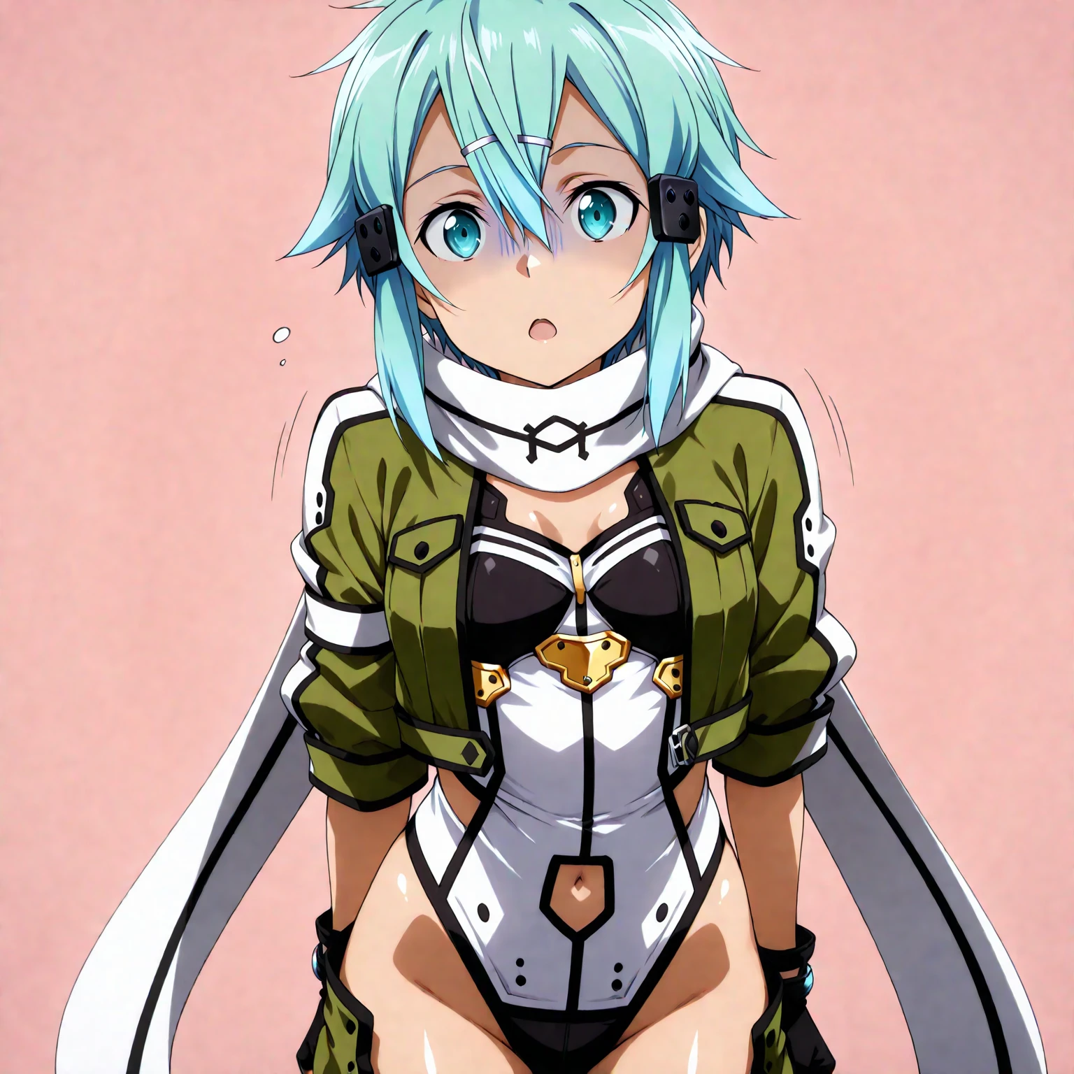 best quality, amazing quality, very aesthetic, absurdres, (1girl, sinon, sword art online, aqua eyes, aqua hair, medium breasts), (realistic face:0.9),(thong:1.8),dress lift, (grin, blush, thigh:1.3), (cowboy shot), (glistening eyes), (half closed eyes:0.9), (), (official art:1.3), (panties around one leg), expressive eyes, perfect face, 4k, extremely detailed anime illustration, extremely detailed eyes, perfect anatomy, light rays, extremely delicate body, smooth skin, (anime background:1.5), clear eyes, beautiful face, small breasts,(anime style:1.6), (Warm Light:1.5), (highres:2),