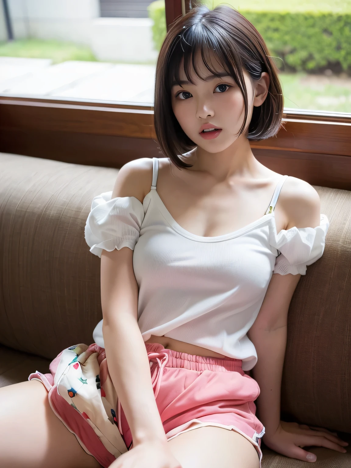 The upper part of the body、top-quality、hight resolution、short-hair、bustshot、Flashy colored hair、Hair color mixed with pink and light blue、Black shoulder strap、white t-shirts、wide neck、Bra strap is visible in the collarbone、White T-shirt、plaid skirts、Red and black checked miniskirt、Horizontal peace sign in front of the face、Left hand on left knee、winking、A smile、Cross-legged、scruffy looking、You can see the beautiful inner thigh.、Emerald pants、