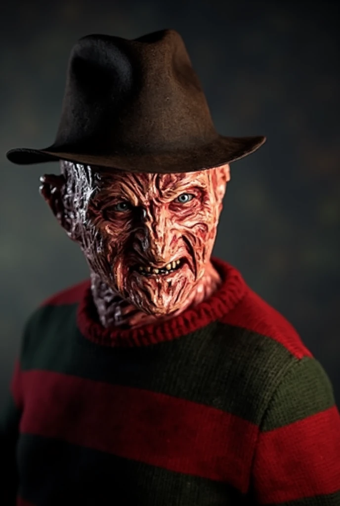 ８ｋ、Dark fantasy、,Ultra HD、Amazing image quality,４ｋ、A Nightmare on Elm Street、Freddy Krueger、Wearing a hat、Burned Skin、Red and black striped sweater、nails are long、Full Body Shot,Give the viewer a malicious look, Grabbing Viewer, For the viewer,Misty marshland background,Shallow depth of field, Vignette, Very detailed, High budget, Bokeh, CinemaScope, Sulky, amazing, nice, Film Grain, granular . Creepy, Anxious, dark, Creepyな, Suspenseful, strict, Very detailed