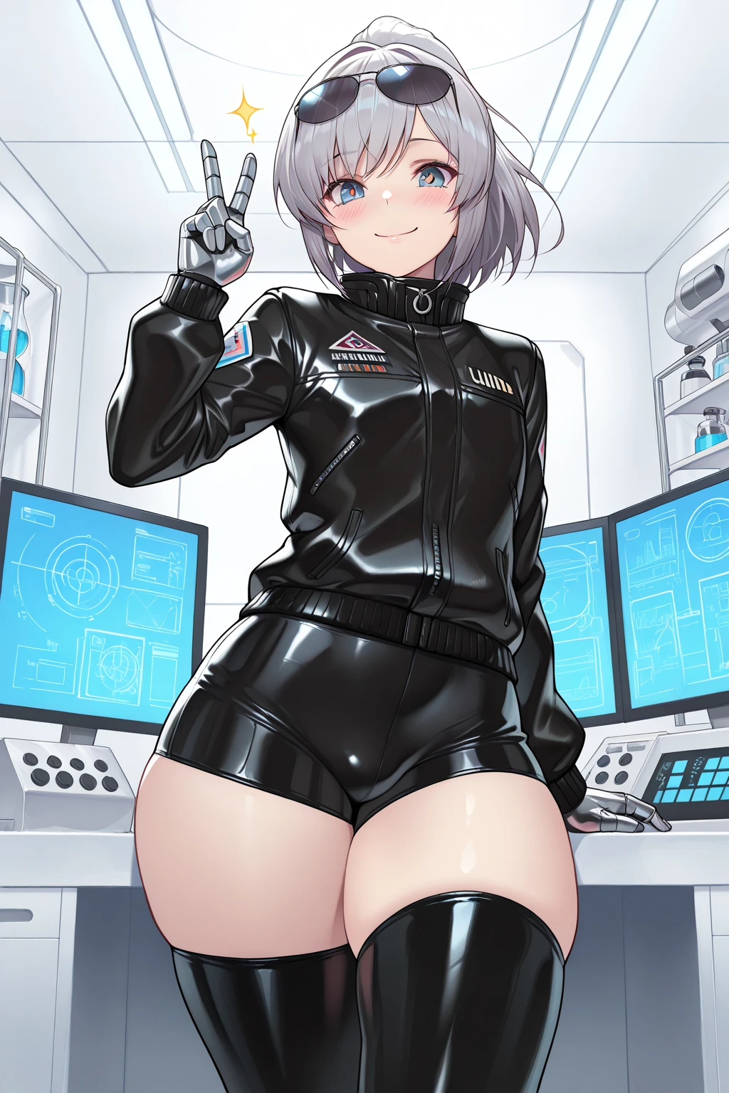 ,1girl,(teen:1.5), (short_ponytail:1.3), (light_whitish_purple_hair:1.3),black_mechanical_armor_parts,white_breasts_parts_red_black_body_suit,bare_shoulder,bare_slender_thighs,medium_breasts,on_the_desk, desk_background,Stinging_eyes,sleepy,thighhigh_greaves,gauntlets,dynamic_posing,bare_frank,metal_red_parts_armor,red_eye,solo,
fists,hold_weapon,glare,navel,large_mechanical_parts,happy,waist_armor,open_mouth,rise_legs,apart_legs, (covered_navel:1.3),(very_long_bangs:1.3), (hair_over_one_eye:1.5),(long_bang_covers_right_half_of_face:1.5),
(covered_pussy:1.1),covered_breasts,fighting,