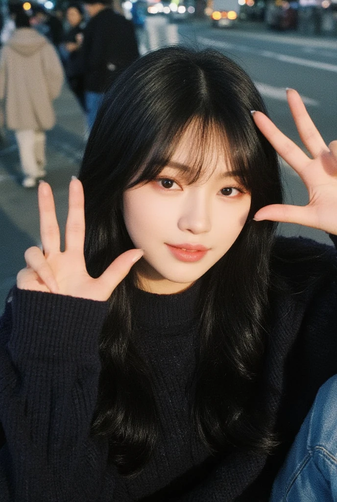 a close up of a woman with long hair and a blue shirt, cute round slanted eyes, with cute doting eyes, jaeyeon nam, ulzzang, wan adorable korean face, jinyoung shin, with cute - fine - face, she has a cute face, tzuyu from twice, her face looks like an orchid, huge downslanted eyes