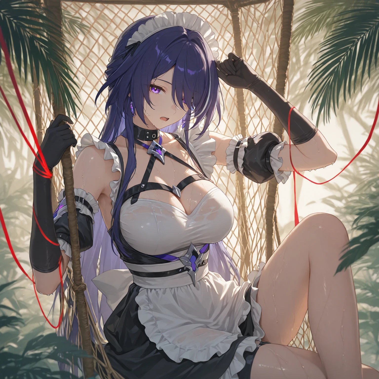 (Highly detailed CG unified 8k), (best quality),(Very detailed),(ultra high resolution), extremely detailed faces,handcuffs,collar,fox ears,1 female, White cloth gag, , White latex lace bikini, rope, breasts rope, hands back rope, leg rope, thigh rope, bust rope, feet rope, Place your arms behind your waist, tie wrists, ankle, black hair, straight hair, Lying in Gede,Bright meadow,wilderness,