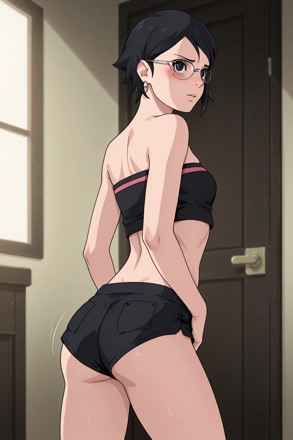 masterpiece, best quality, perfect lighting, anime, very detailed eyes, very detailed face, full body, 1 girl, alone, standing, behind, backward facing, smile,, lingerie,(( butt lift)), (kobeni higashiyama), black hair, long hair, black eyes, small breasts, wide hips
