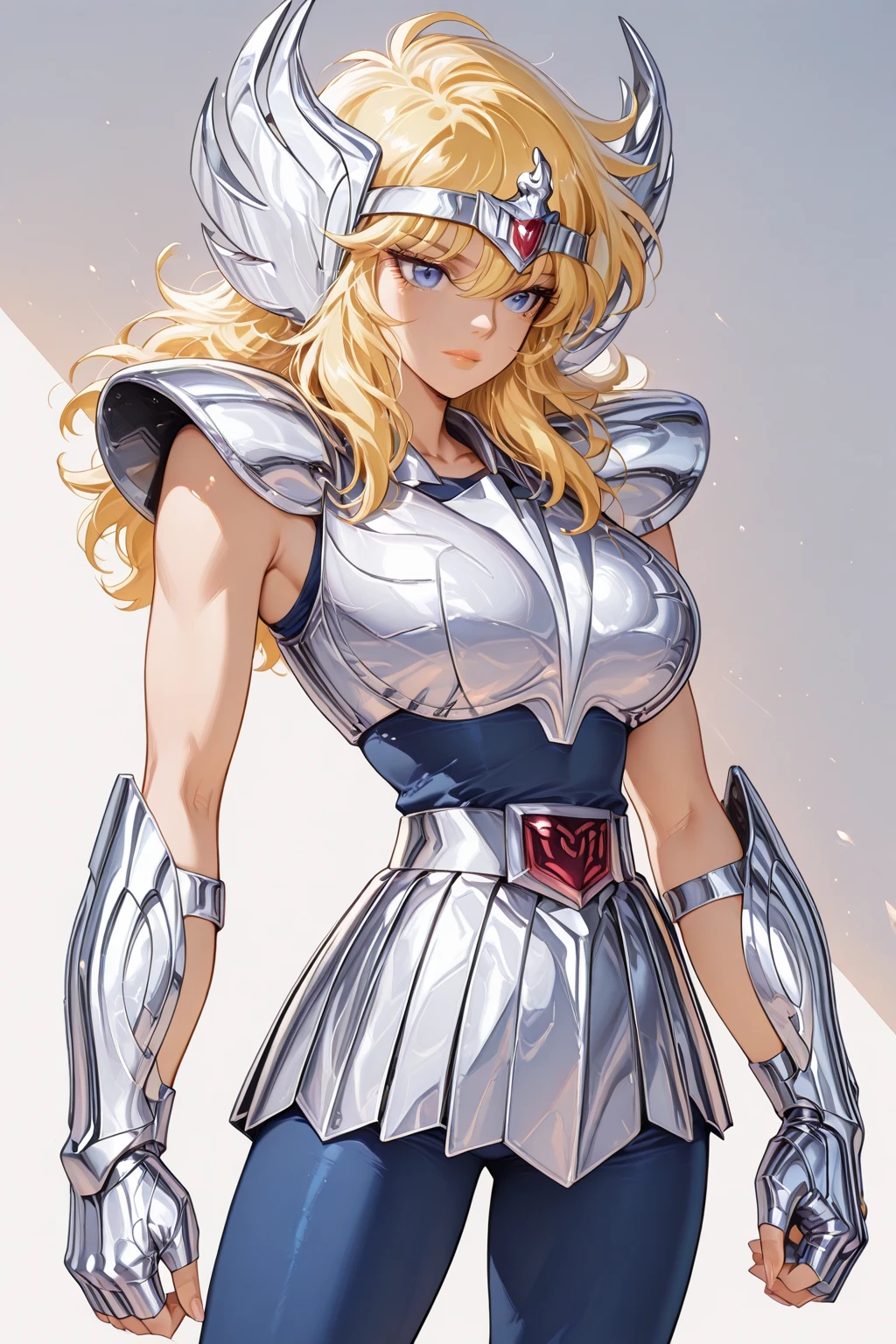 masterpiece, best quality, ultra high res, realistic skin texture, armature, (photorealistic:1.4), high resolution, raw photo, shiny skin, (detail skin:1.2), realistic skin texture, best lighting, (perfect breast:1.3), sparkle, dramatic lighting, dynamic pose, (greek temple background:1.3), night sky, cosmos, milky way, 1girl, (short blonde hair:1.5), cygnus_hyoga, (blue shirt:1.2), (helmet:1.2), silver plate armor, shoulder armor