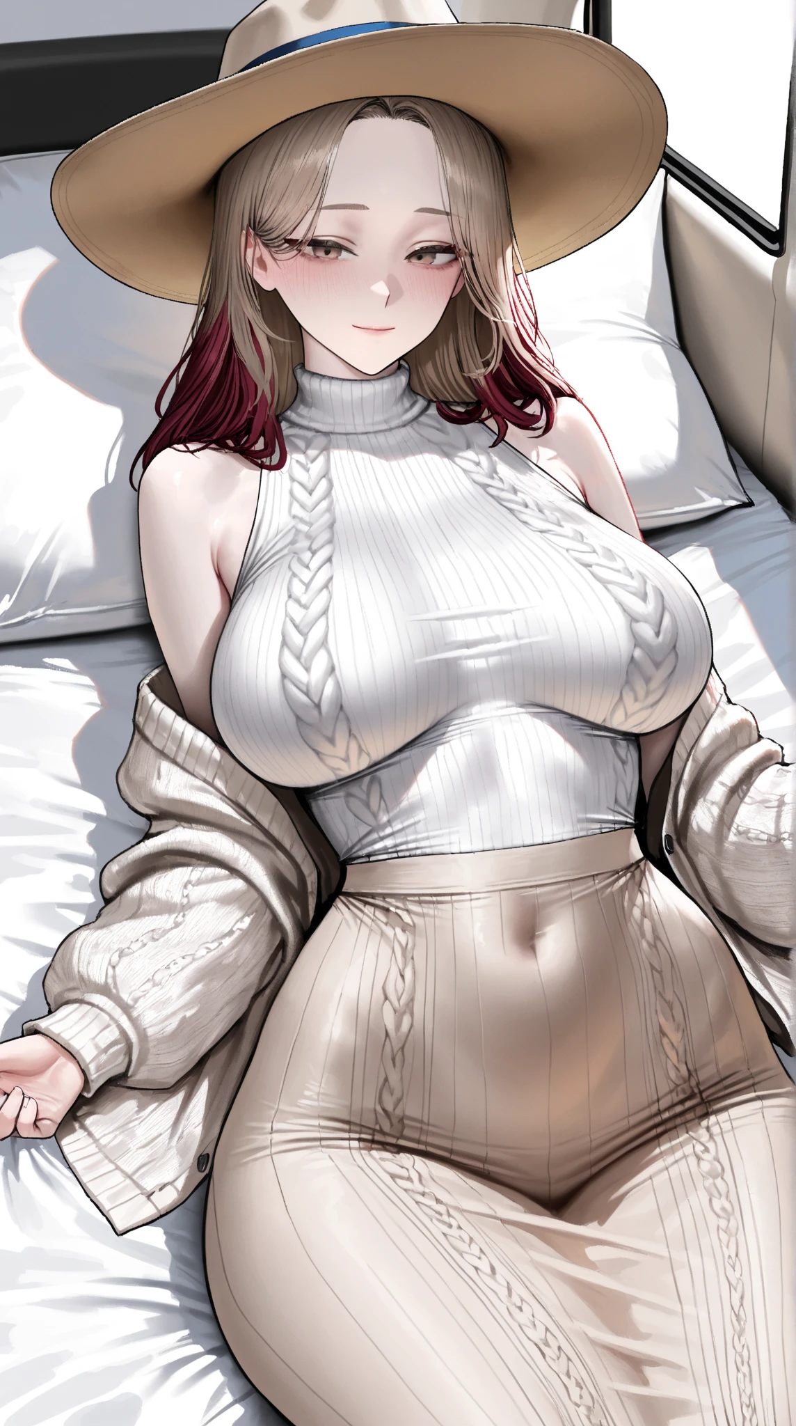 Masterpiece, Beautiful art, professional artist, 8k, art style by sciamano240, Very detailed face, Detailed clothing, detailed fabric, 1 girl , whole body, distant view, asleep, big breasts, lying on a bed, View from above, perfectly drawn body, beautiful face, long dark crimson hair, Closed eyes, pink cheeks, glasses, choker:1.6, (long sleeve white shirt), black gloves covering your hands, (shiny black leggings), Sensual Lips , winter night, , looking at the viewer,