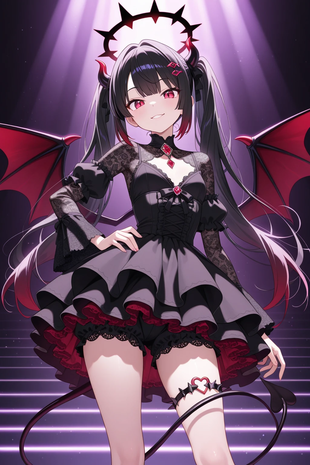 (masterpiece:1.4), high quality, high definition, detailed face, anime, best quality, 4k, 8k, absurd resolution, intricate detail, detailed hands, detailed eyes, animation, illustration, highly detailed, highres, extremely detailed, perfect eyes, perfect face, animification, <lora:perfetfingers:1>, pureerosface_v1, <lora:hyperdenoiser_v090:0.6>, <lora:hyperrefiner_v090:0.6>, bare shoulders, (black choker:1.4), bow, bracelet, (devil horns:1.5), my little devil dress, detached collar, elbow gloves, garter straps, hair between eyes, hairclip, looking at viewer, polka dot bow, short twintails, sidelocks, small breasts, striped gloves, tiara, vertical-striped gloves, yazawa nico, hearts, heart spoken, <lora:LoveliveYazawaNicoCharecter_v20:0.6>, <lora:NicoLL_v1:0.6>, <lora:nicoyazawa-lyco-nochekaiser:0.6>, nico yazawa, black hair, (red eyes:1.5), <lora:sensualface_type1:1>, 1girl, <lora:high_heels_dangle_final:1> (high heels), (sitting), (crossed legs), (dangle), yazawa_nico_lovelive