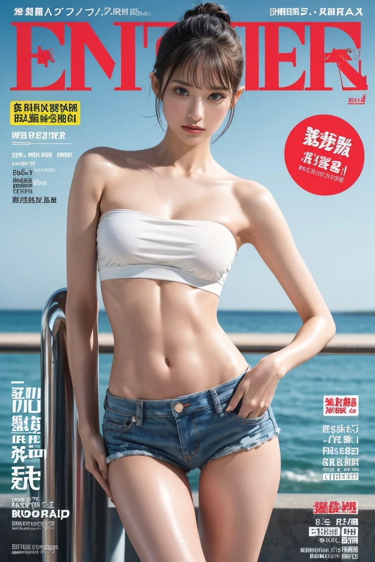 sports magazine cover, young european woman, (Chloe Chuu), pale skin:1.2, freckles, (slim:1.6), 18yo, ((yellow bikini)), (medium breasts:1.4), perfect body, smile, brown hair, full body, thigh gap:1.4