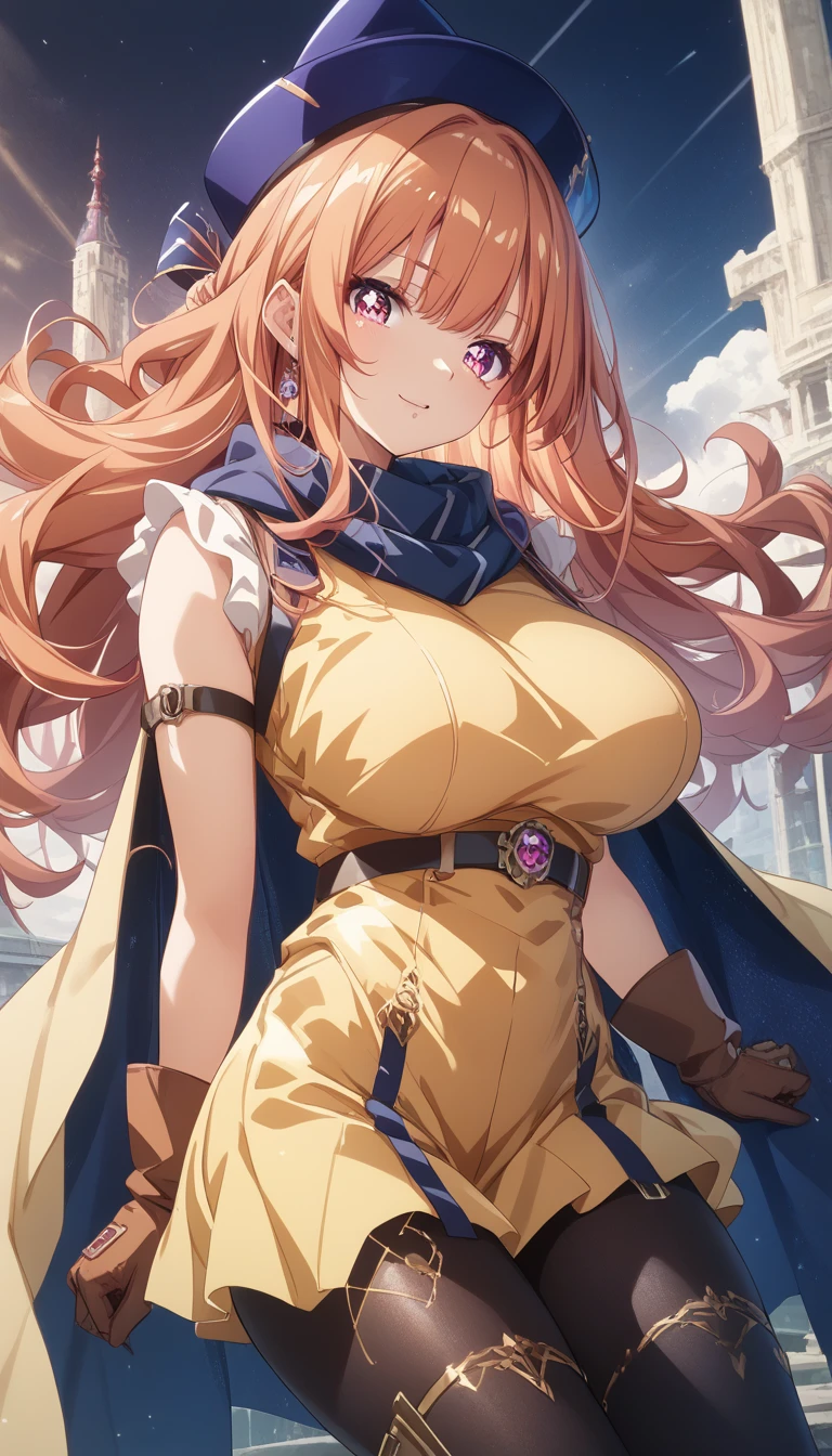 masterpiece,best quality,1girl,(mature female),orihimedress,very long hair,orange hair,orange eyes,hair ornament,white dress,long sleeves,huge breasts,wide hips,thick thighs,smile,looking at viewer,hand in own hair,outdoors,wind,sunlight,(dutch angle),<lora:Concept-control tool-add_detail-CyberAIchemist:0.8>,<lora:inoueorihime-bleach-richy-v1:1>,
