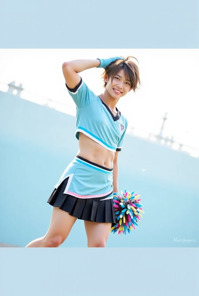 (Beautiful Japanese girl in her early teens), (blue panties), Cheerleader spread legs, nipples sticking out, 1 girl in her early teens, Solo, Cheerleader, perfect hands, angry expression , crop top, blue skirt, ロープでボンテージ,pleated skirt, removable sleeves, elbow gloves, looking at viewer, outdoor, stadium