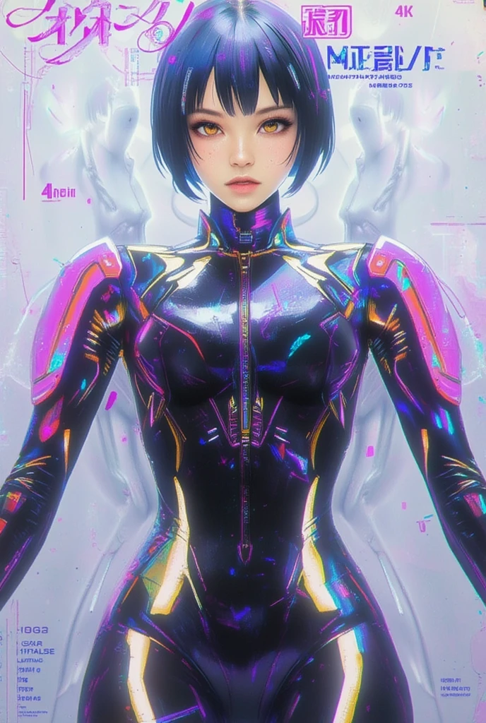 Pretty Chinese girl, de 20 e poucos anos, cabelo preto curto, wearing a black and pink cybernetic jumpsuit, Giant robot (feminino) em forma de coelho, feito de carbono, capa branca e rosa, young woman controlling the robot, 4k, ultradetalhado, arte digital, studio lighting, physics-based rendering, mecha, cores vivas, bokeh, pele texturizada, visto de baixo, futurismo, Action painting