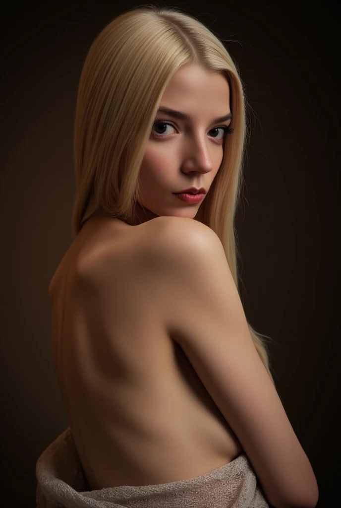 8K, Top Quality, Intricate Details, Ultra Detail, Ultra High Resolution, Masterpiece, close up shot, ((shot from behind, show back, view from behind, shot from behind, taken from behind, )), (Looking back), (full body: 1.1), Slender, Smile, (Makeup: 0.4), ,(( cammy white, blonde hair, bangs, short hair, blue eyes, antena hair, abs, scar on cheeks)), (Fluffy  Eyes: 1.21), (()), 1girl, solo, 1 girl, (()), close up shot, , ((tall)), (((fit body))), (((slim face))), sharp face, (())  ,(detailed face), sharp face, small lips, , ,((,)) ,, ,
 ((, )), , ((naked, nude, )), detailed face, detailed breast, large breast, huge breast, detailed ass , detail nipples ,, Narrow Waist, Skinny, tall , 190 cm tall, Muscular, Navel, Exposed Abdomen, Pointed Chest,, Beautiful girl with accentuated slender abs: 1.4, Six Pack Abs: 1.4, , Perfect Body, detail legs, (( dark background)), black background, ((shot from behind, show back, view from behind, shot from behind, taken from behind, )), (Looking back),