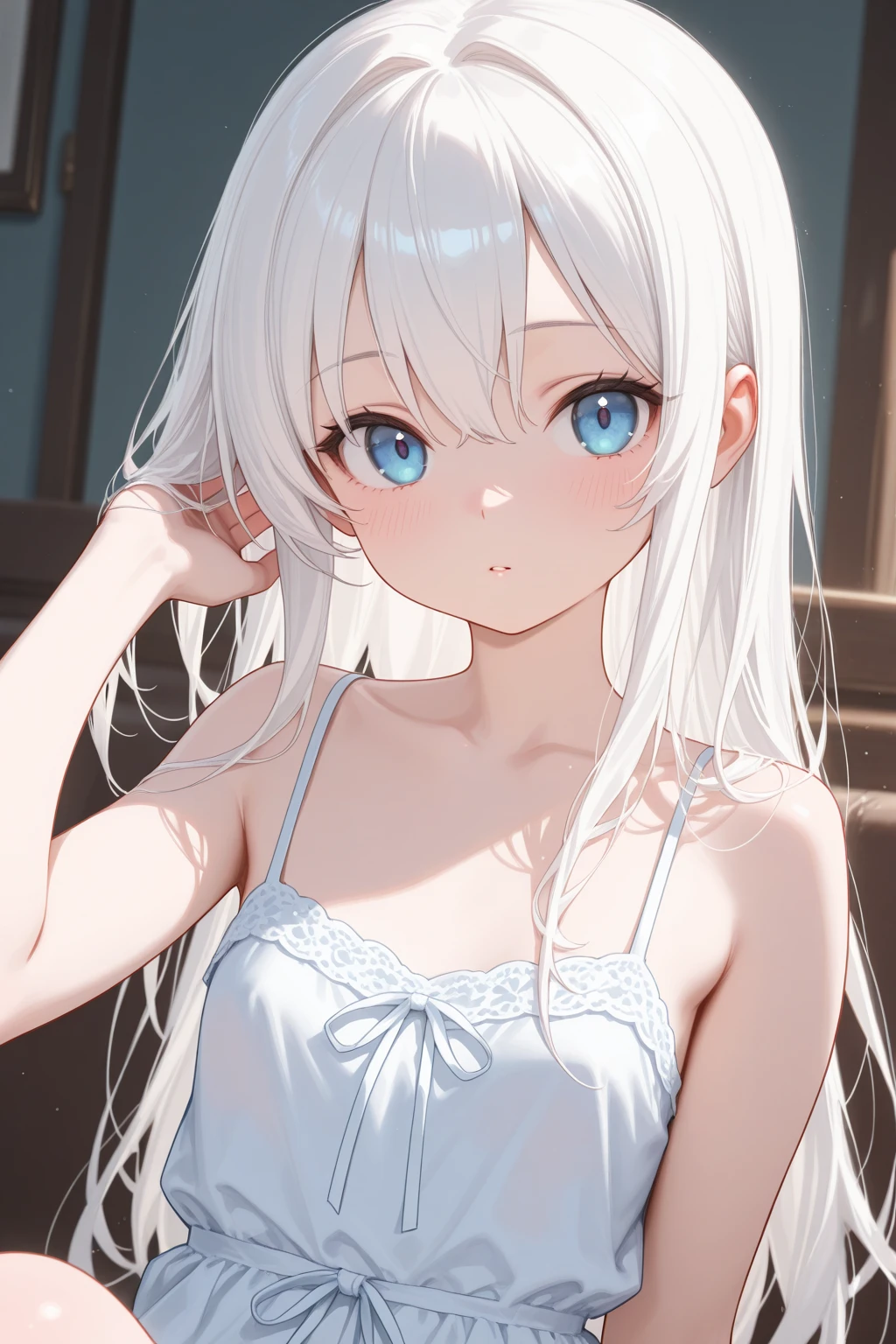 Shiny platinum blonde silk super long straight hair, beautiful shiny bangs, big clear sky blue eyes, very beautiful bright eye highlights, Embarrassing, Blushing