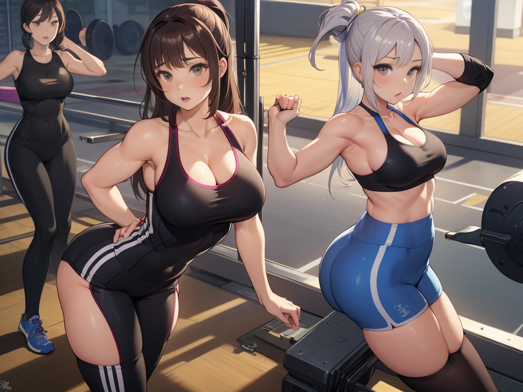 anime girl with long hair sitting on a yoga mat taking a selfie, 1girl, solo at the gym, thicc, working out, seductive anime girl, beautiful anime girl squatting, relaxed pose, casual pose, sports bra, yoga pants, (two heads)