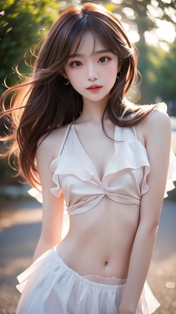 masterpiece、8K、32K、top-quality、(A detailed eye)、(A cute Japanese woman、bangss)、23years old、1 girl in、elegent、(Detailed background depiction、Sunlight、portlate:1.1)、(Twopiece:1.4)、newyork、jump 、Big breasts, cowboy shot、little smile、head shot , Beautiful , slender legs , good figure , Havy abdominal muscles , Messy Hairstyle,Thin cotton fabric, see-through,shows off your figure,Open mouth slightly, collar,Look up, look down