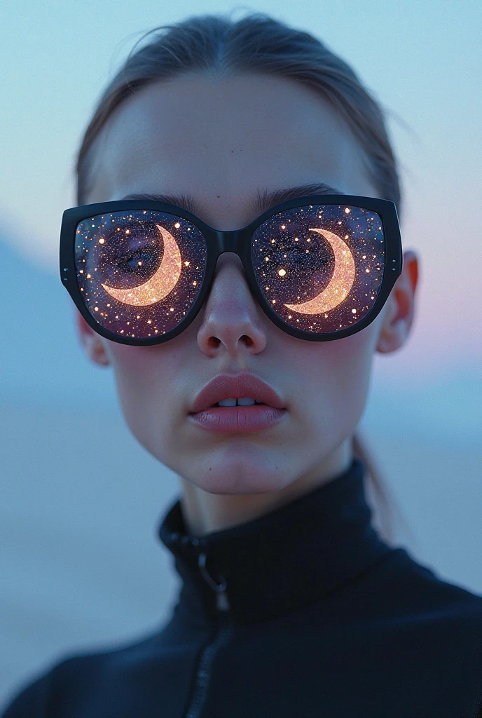 The model is wearing glass sunglasses，with stars and moon on the lenses