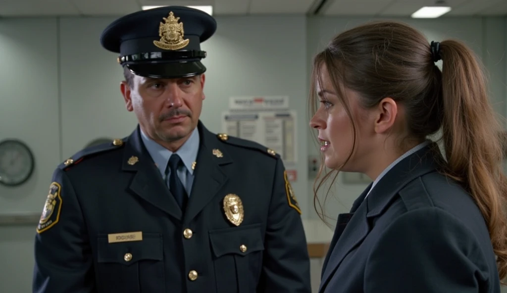 Two people together in FBI office, 17-year-old male field agent with brown hair and green eyes, 16-year-old female FBI profiler with light brown hair and hazel eyes, sweet personalities, profession: FBI agents (best quality, 4k, highres, realistic:1.2), ultra-detailed, studio lighting, portraits, vivid colors, professional, FBI badges, modern office setting, desks, computers, files, confidential documents, FBI logo, official attire, serious expressions, intense focus, collaboration, teamwork.