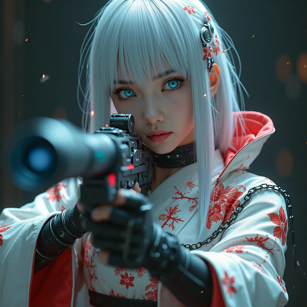 lucy \(cyberpunk\), (robot joints:0.5), mechanical parts) best quality, masterpiece, realistic:1.4, White hair, detailed, red eyes, floating hair, snowy, upper body, detailed face, winter, trees, sunshine, midriff <lora:lucyCyberpunk_42Epochs:0.8>