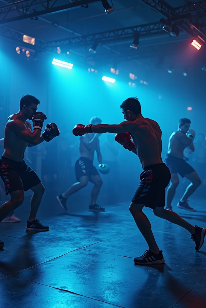 two men with boxing equipment are in a boxing ring, sparring, en un ring de boxeo, escena de lucha, combate de boxeo, boxing ring, 2 0 2 1 cinematic 4 k framegrab, Filmed with anamorphic lenses, Cinematic fight in the middle of the shot, boxeo, Al estilo de Kyrill Kotashev, pelear, Filmed from cinematics, Anamorphic cinematography