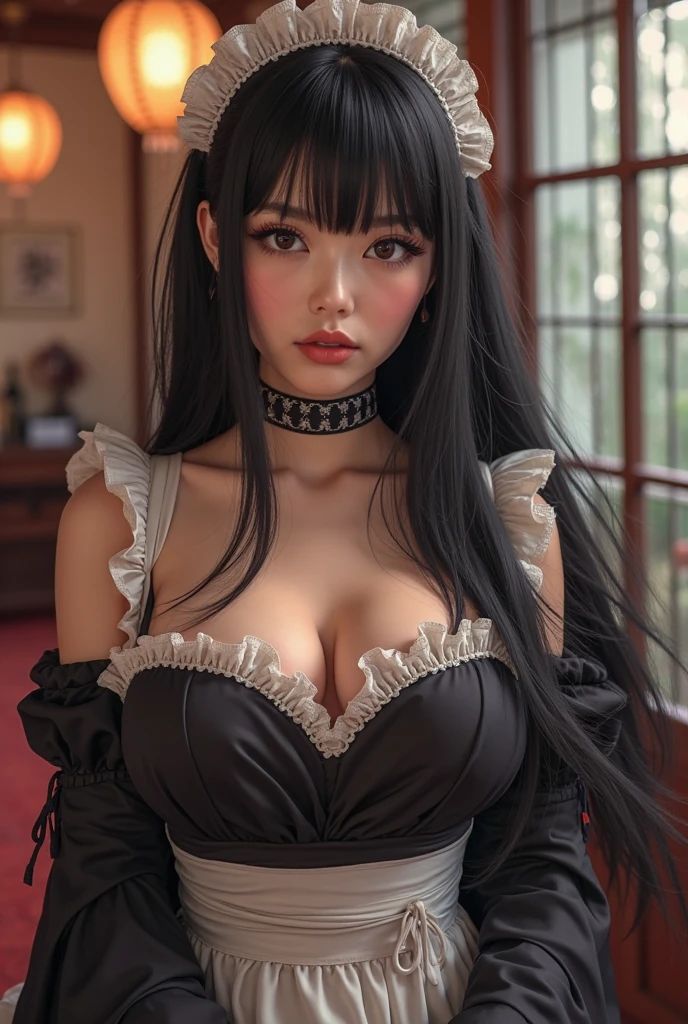 Extremely realistic and detailed image quality、Bust size 40 inchesMcup、Super big breasts、Tight waist、A black checkered Lolita-style dress with a large open chest、Protruding areola、Deep cleavage、Purple Rouge、Black Hair、Black choker、Silver Accessories、garter belt、White ruffles on shoulderakeup that makes eyes look slanted、Eyeliner