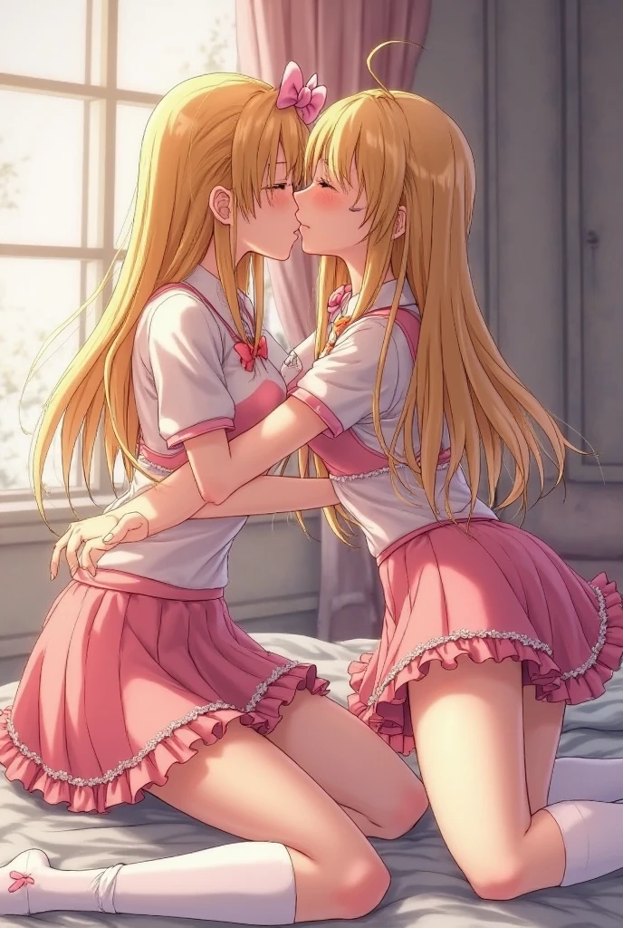 2girls, yuri, lewd touching, blonde hair red eyes, scholar, wallpaper, depth of field, night, light particles, light rays, sidelighting, delicate thighs, open jacket, plug, cloud, panties, ribbons, cute girl, sex, sweat, stuffed animals, bedroom, hair accessory, large shirt, naked, pink hair twin tails, red shirt, lifting dress, hands in pants, hot, 