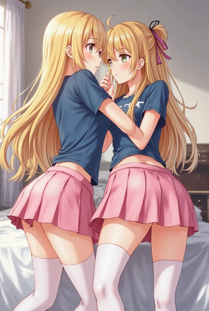 (Highest quality、4K、8k、High resolution、masterpiece:1.2)、Extremely detailed、(Genuine、animation、animation:1.3)、two naked blonde Japanese schoolgirl Ride on a girl on the bed 、yuri、other's crotch kissing、Shell matching、Brown eyes、sweat、steam、necklace、bracelet、