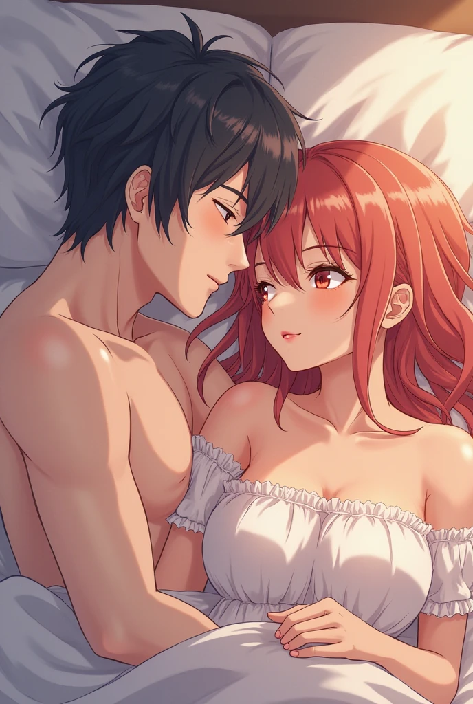 Anime girl having hot sex in bed with a man.