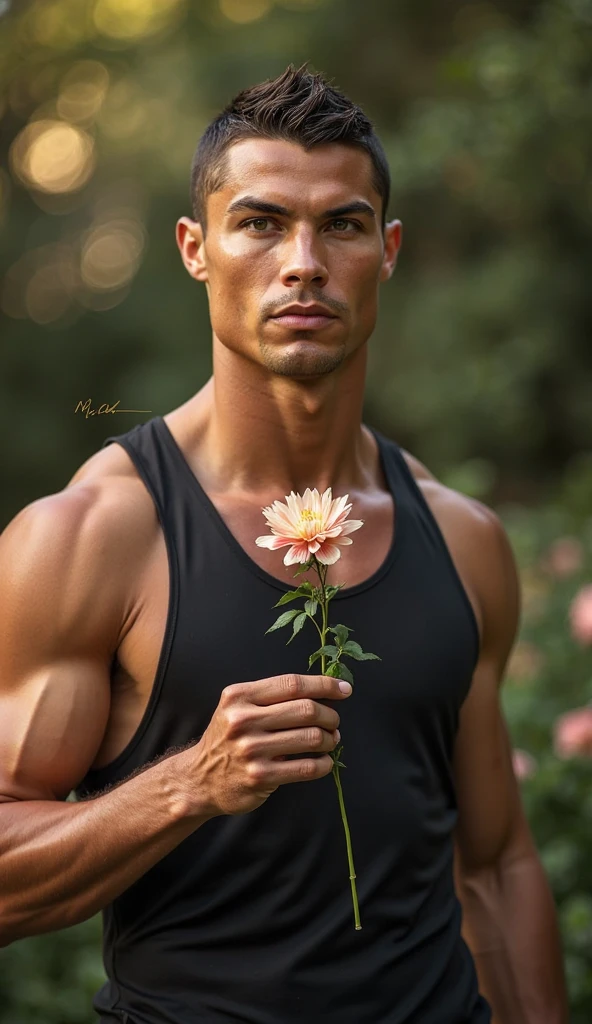 ((realistic photo)), handsome guy, 20 years old, wearing nothing completely naked,correct looking penis, well-shaped penis, smooth penis and balls , revealing his huge muscular thighs, carrying a red rose ((raised in front of his chest), sculpted body, Korean hair, sharp eyes, perfect face, perfect body curves, sculpted muscles , facing forward. Roses in background, Location of the Greek kingdom.