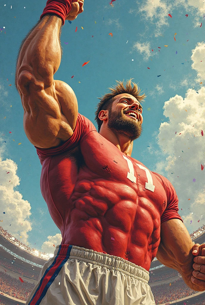 Robust champion man, torso exposed, legs bare from thighs to feet flowing long curls, meticulous muscle definition, lifelike representation, 4K resolution. Background: Stadium filled with cheering spectators,32k uhd, best quality, masterpiece, super detail, high details
