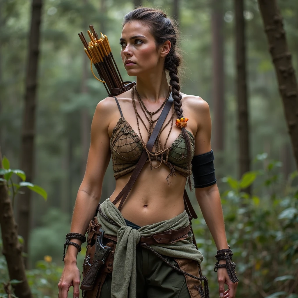 Masterpiece, High clarity eyes, perfect eyes, perfect face, perfect fingers, flawless, best quality, highly detailed, hunting pose, captivating beauty, Extremely Gorgeous woman with a bow and arrow, fluffy hair, in a leather, clothes and animal skins outfit, salma hayek as a barbarian, perfect eyes, hunting pose,small hairs in armpits visible, with bow and arrow, barbarian warrior woman, arya stark as venus, beautiful huntress, hunting goddess, lusty figure, warrior queen, Amazon tribal clothing, Amazon tribes dress,warrior woman, warrior princess, amazon warrior, a beautiful woman warrior, greek amazon warrior, beautiful female warrior, female archer, elven warrior princess, hunting woman, very beautiful female barbarian, beautiful hair, armpits crease