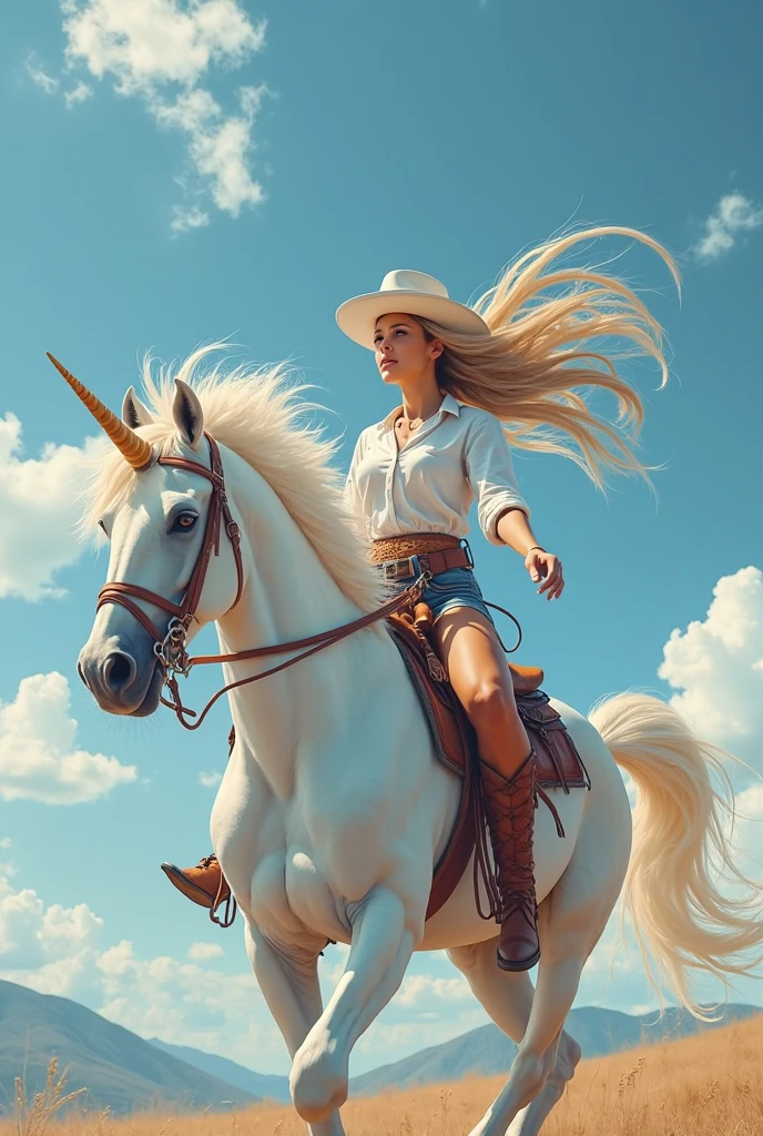 blonde woman riding a white horse in a desert landscape, inspirado por Greg Hildebrandt, por Cynthia Sheppard, paseo a caballo, jinete, Marcos Adams, inspired por Cynthia Sheppard, por Mark Arian, inspirado en Mark Keathley, Montando caballo, boris vallejo y tom bagshaw, por tom bagshaw y boris vallejo, arte occidental, paseo a caballo in saharan
