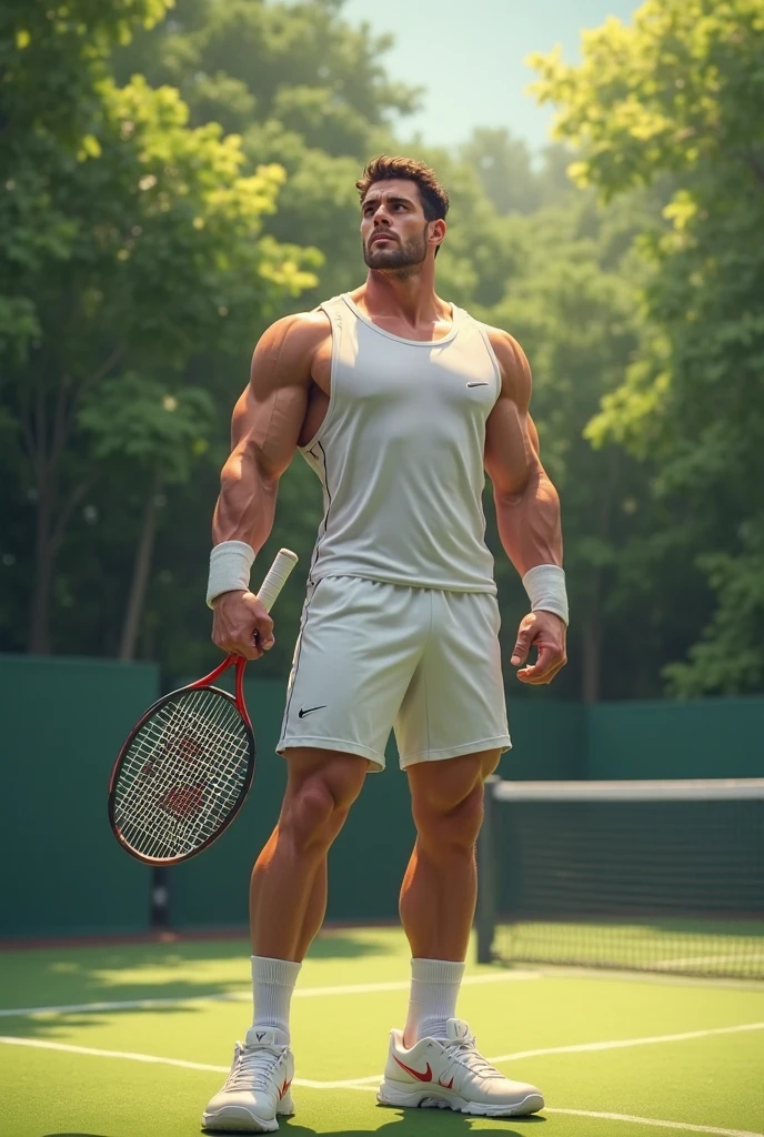 A handsome muscular dynamic and male athlete with a well-built physique, wearing a white jockstrap, in a tennis grass-court setting.