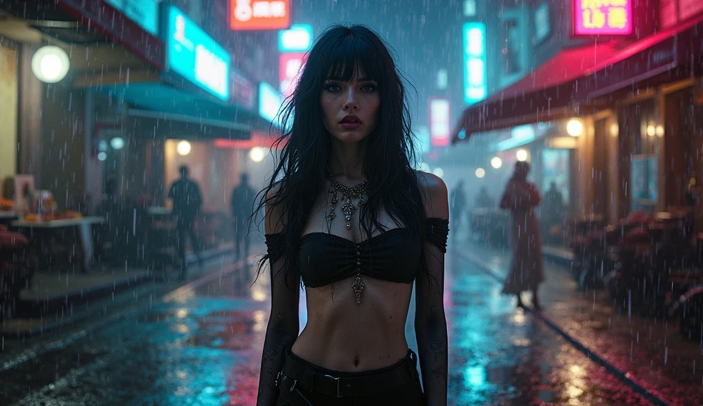 a beautiful girl with gorgeous blue eyes glowing with magic, gothic makeup, large breasts, open clothing, white shirt, black mini skirt, rain, wet clothing, street, night, cinematic lighting, dramatic pose, gorgeous detailed face, intricate details, masterpiece, photorealistic, 8k, highly detailed