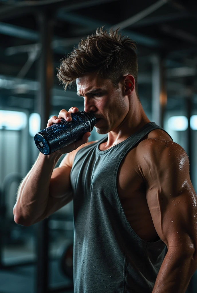 Man drinking sports nutrition, creatine, in the gym 