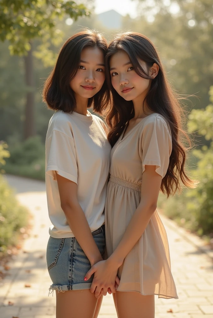 （RAW photogr，超高分辨率，tmasterpiece，best qualtiy：1.4），Complicated details，2 20 year old Korean girl，Wear a loose black T-shirt and skinny jeans，Stand on the grass and take pictures，hugs，Intimate relationships，Detailed meadow，A sweet smile on a small face，The face and skin are pink and fair，Ultra-realistic facial details，Playful and coquettish pose，The calves are straight and slender:1.5，Wear high-end branded colorful travel shoes:1.5，eventide，warm color，Broad lighting，naturalshadow，taking a full body photo:1.8
