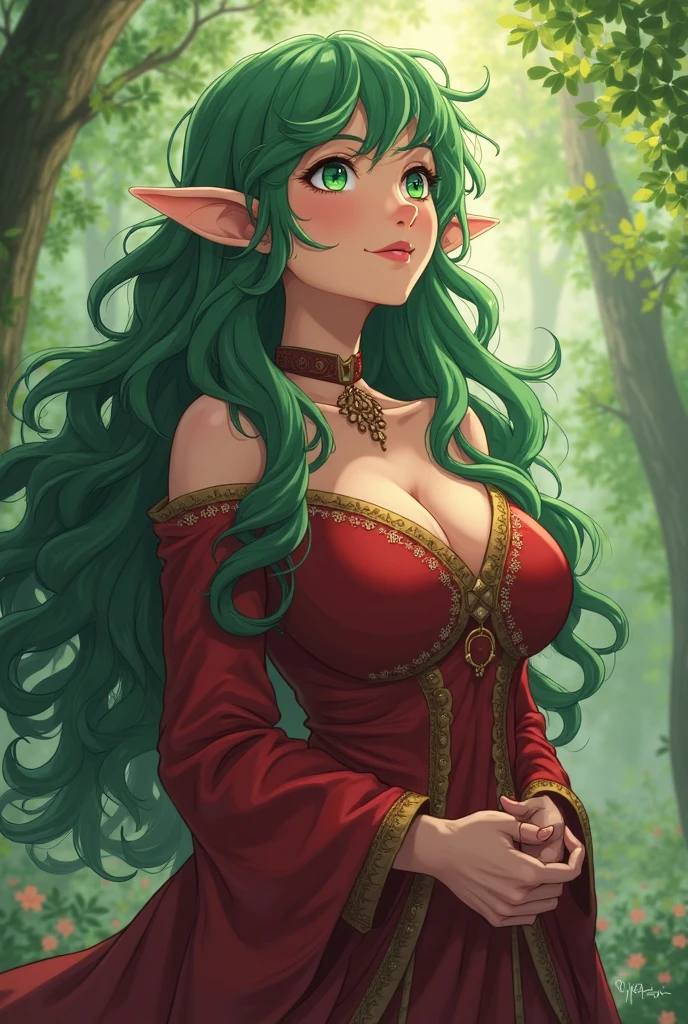 dryad, huge breasts, thick, very long green hair, flowers in hair, vines in hair, leaves in hair, flowing dress, deep cleavage, brown eyes, full lips, smiling, happy, cute, sexy