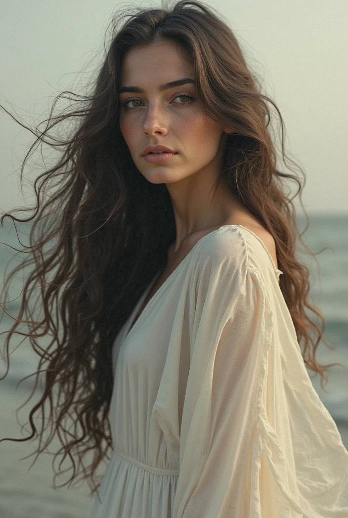 woman with long hair standing., windblown dark hair, by Karl Büsgen, windy hair, wet skin and hair blown by the wind, wind in hair, hair blown by the wind, by Silvia Pelissero, windy mood, hair floating in the wind, by Lucía Peka, hair blown by the wind