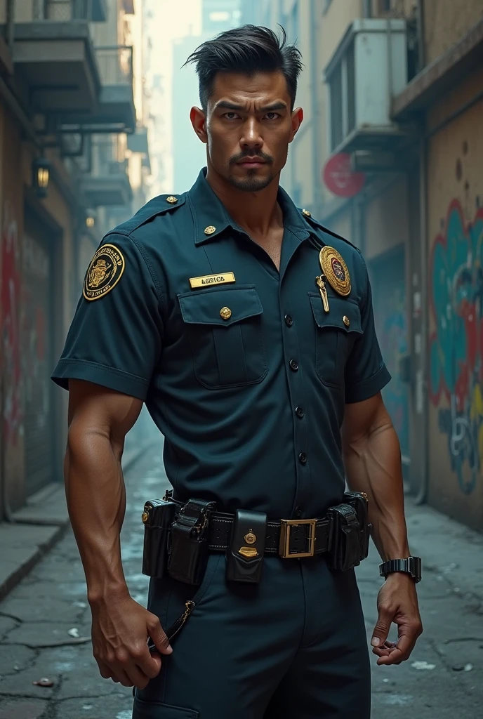 (There are many Magic the Gathering cards floating in the air around the police), and a red dragon flies over the city in the background. (Masterpiece) Extremely high-quality, ultra-detailed illustrations, ultra-high resolution, showing a handsome mature male 35 year old human hong kong policeman with muscular body, short hair and under-trimmed stubble, wearing a jacket, Surreal and charming.