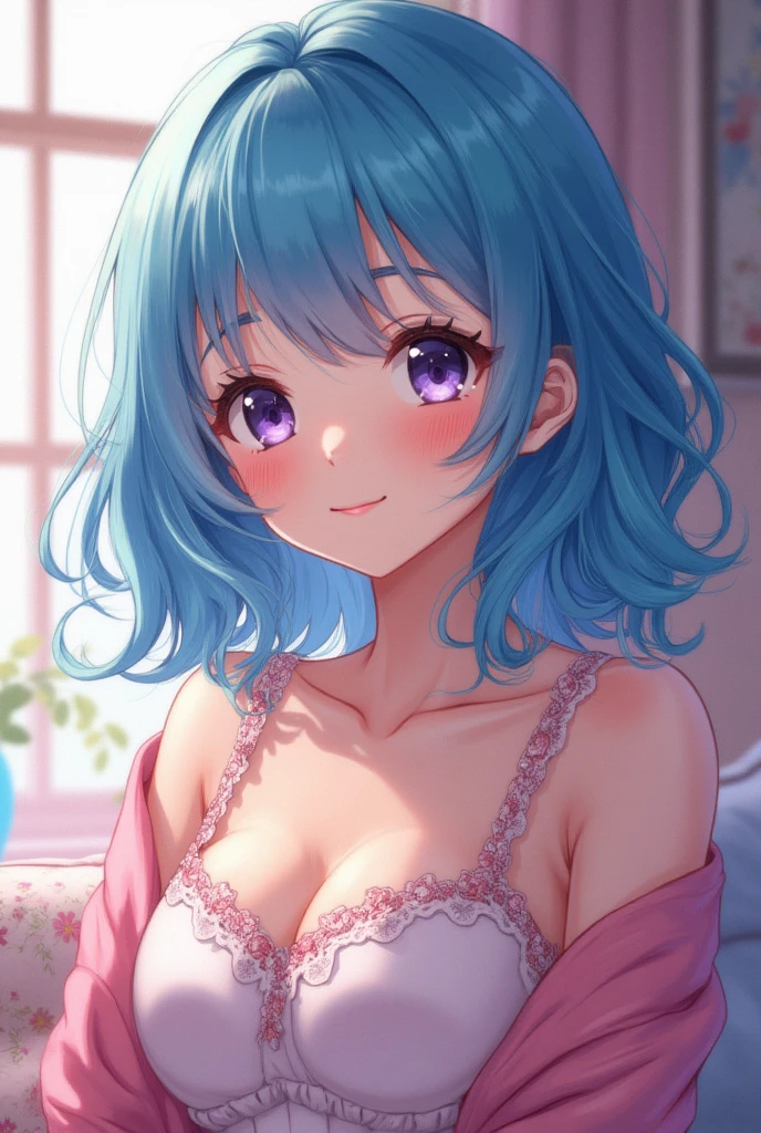 In the room, underwear, blush, Focus on the face, bangs, Hair Circle, Blue Hair
