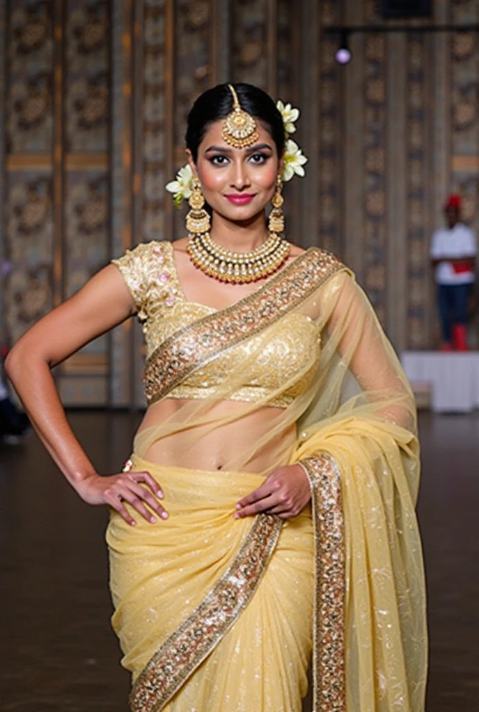 Kerala woman in a black saree doing a rampwalk, fashion show,8k uhd, digital SLR camera, soft light, high quality, film grain,high detail,UHD, masterpiece, accurate, anatomically correct, super detail, high quality, 16k, highres, award winning, ((full body shot)), deep cleavage, no abs , visible navel