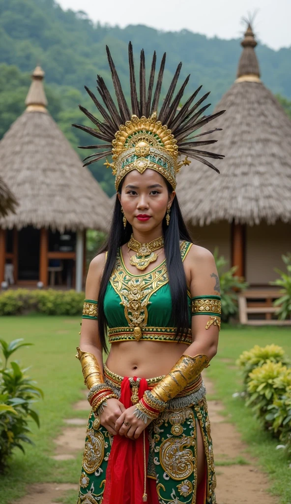 Create a highly detailed and realistic image depicting the traditional customs of Agam, Sumatera Barat. Show traditional Minangkabau houses with their distinctive curved roofs, locals in traditional Minangkabau clothing, and a traditional wedding ceremony with intricate details on costumes and accessories. The background should include the beautiful landscape of Mount Marapi and lush green rice fields."