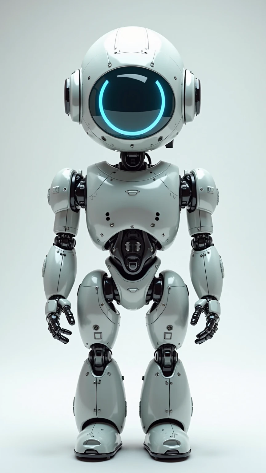 masterpiece, ultra highres, best quality, 3d digital art render, small cyclops humanoid robot, full body view, camcorder-shaped head with single large cyan blue glowing eye lens, direct eye contact with viewer, compact proportions (child-sized robot), sleek metallic silver body, retro-futuristic design, rectangular head casing with video camera details, mechanical neck with visible articulation, proportionate robotic limbs with visible joints, clean geometric  and torso design, small mechanical feet with stabilizing joints, standing pose facing forward, no mouth or additional facial features, professional 3d modeling, polished metal surface with subtle panel lines, ambient occlusion, ray tracing, studio lighting setup highlighting full figure, unreal engine 5 render, sharp focus, full body shot from slight low angle, modern robotics aesthetic, cyan accent lights, subtle reflection on metal surfaces, clean white background